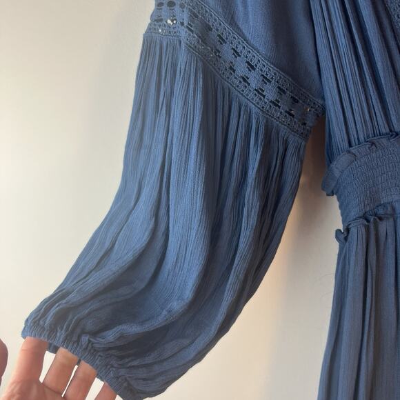 Free People Endless Summer Marysia Maxi Dress Blue Vneck Bohemian Crochet S NWOT - Picture 6 of 10